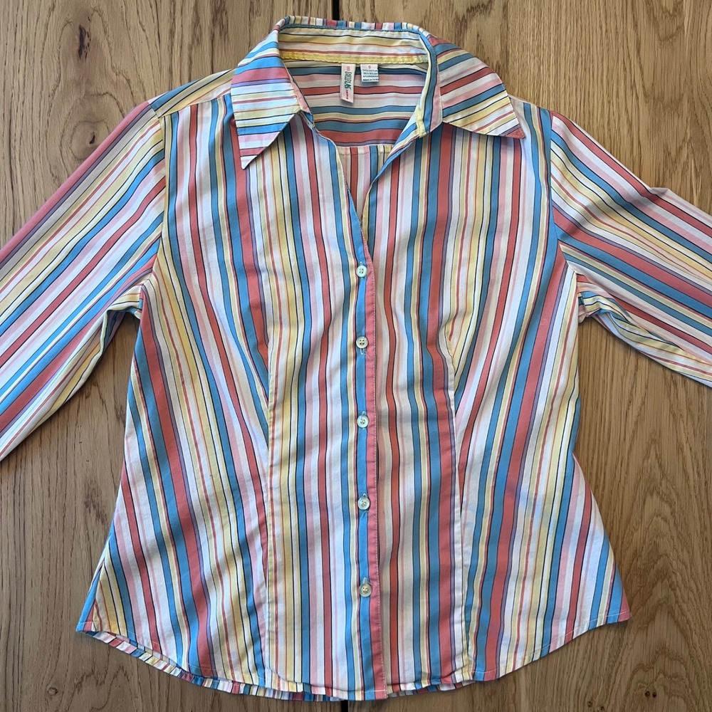 Bill Blass Jeanswear‎ Womens Small Striped Button Down Shirt Multi Color Stretch